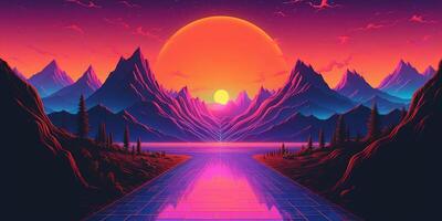 estetico montagna synthwave retrowave sfondo con un' freddo e vivace neon disegno, ai generato foto