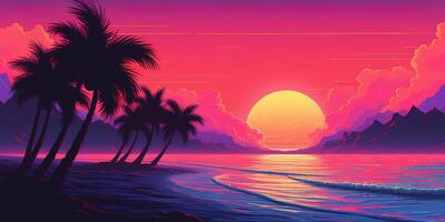 estetico spiaggia synthwave retrowave sfondo con un' freddo e vivace neon disegno, ai generato foto