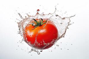 un' pomodoro spruzzi nel un' acqua spruzzo su bianca sfondo, ai generato foto