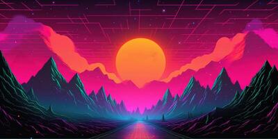 estetico montagna synthwave retrowave sfondo con un' freddo e vivace neon disegno, ai generato foto