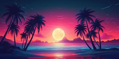 estetico spiaggia synthwave retrowave sfondo con un' freddo e vivace neon disegno, ai generato foto