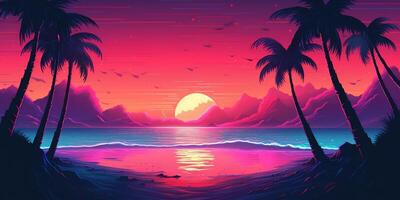 estetico spiaggia synthwave retrowave sfondo con un' freddo e vivace neon disegno, ai generato foto