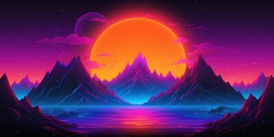 estetico montagna synthwave retrowave sfondo con un' freddo e vivace neon disegno, ai generato foto