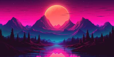 estetico montagna synthwave retrowave sfondo con un' freddo e vivace neon disegno, ai generato foto