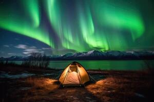 campeggio nel il nord con settentrionale luci, ai generato foto