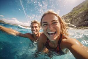 giovane donna nel sua 30 anni vecchio e sua fidanzato nuoto su supboard. ai generato foto