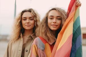 Due donne amici sospeso su nel il città agitando lgbt con orgoglio bandiera. generativo ai foto