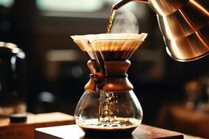 alternativa caffè birra metodo, puro sopra,vetro teiera su di legno vassoio con fermentato caffè su buio sfondo. ai generato foto
