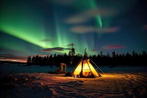 campeggio nel il nord con settentrionale luci, ai generato foto