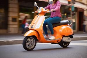 vicino su di irriconoscibile donna equitazione un' scooter a il città strada, ai generato foto