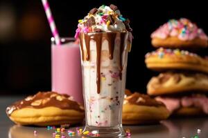 fragola ghiaccio crema e cioccolato freakshake nel vaso su tavolo nel ristorante, ai generato foto