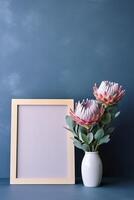 vuoto bianca telaio modello con scandinavo Guarda, protea fiori nel vaso, ai generato foto