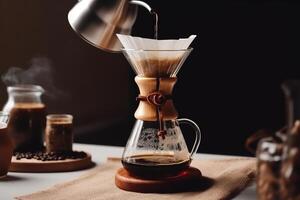 alternativa caffè birra metodo, puro sopra,vetro teiera su di legno vassoio con fermentato caffè su buio sfondo. ai generato foto