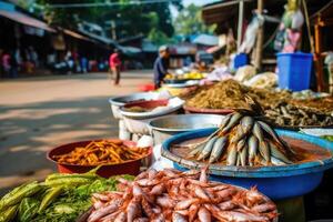 Locale pesce mercato su strada. ai generato foto
