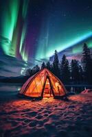 campeggio nel il nord con settentrionale luci, ai generato foto