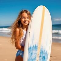 giovane adolescente ragazza nel costume da bagno Tenere tavolata su il spiaggia. ai generato foto