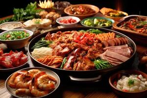 Cinese nuovo anno Festival tavolo al di sopra di rosso sfondo. tradizionale lunare nuovo anno cibo. ai generato foto