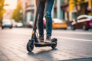 vicino su di irriconoscibile uomo equitazione un' scooter a il città strada, ai generato foto