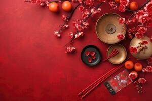 Cinese nuovo anno Festival decorazioni, mandarini, fiori, buste . piatto posizione, superiore Visualizza. ai generato foto