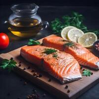 bistecca di salmone pesce con basilico Spezia. ai generativo bianca piatto. foto