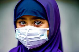 un' musulmano ragazza indossare protettivo maschera. covid 19. indossare la maschera con fiducia. generativo ai foto