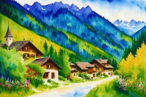 un' acquerello cittadina. alpino la tranquillità. acquerello pittura di un' svizzero alpino villaggio. generativo ai foto
