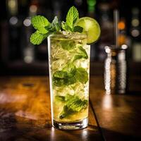 Mojito cocktail con lime su un' di legno tavolo. sfocatura sfondo. raffreddamento bere. ai generato foto