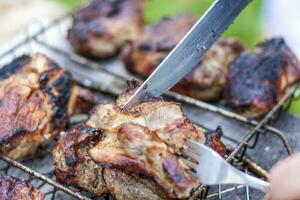 cucinando un' barbecue su il fuoco. tradizionale caucasico kebab su un' spiedo, cucinando carne su spiedini. foto