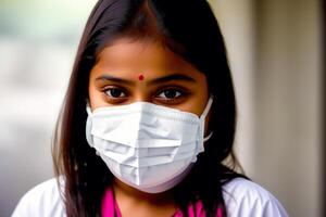 un indiano ragazza indossare protettivo maschera. covid 19. indossare la maschera con fiducia. generativo ai foto