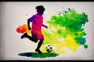 un illustrazione di un' poco asiatico ragazzo. giocando calcio. silhouette. acquerello dipingere. generativo ai foto