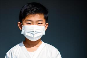 un asiatico ragazzo indossare protettivo maschera. covid 19. indossare la maschera con fiducia. generativo ai foto