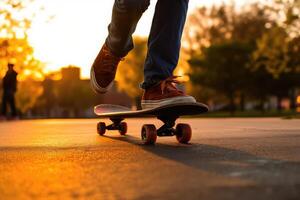 vicino su di irriconoscibile uomo equitazione un' skateboard a il città strada, ai generato foto