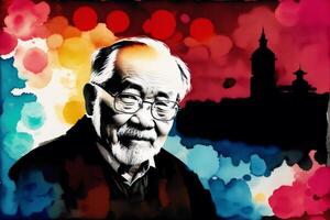 un illustrazione di un vecchio asiatico uomo. silhouette. acquerello dipingere. generativo ai foto