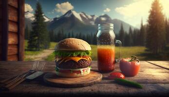 Hamburger e Coca Cola su il di legno tavolo con montagna villaggio sfondo, generativo ai foto