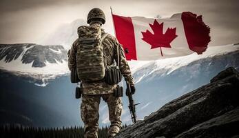 soldato con un' fucile e un' canadese bandiera nel il montagne, Canada soldato, generativo ai foto