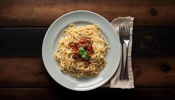 superiore Visualizza di spaghetti pasta con pomodoro salsa e basilico su di legno tavolo sfondo, generativo ai foto