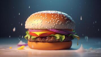 avvicinamento Visualizza di Hamburger con formaggio e verdure su buio sfondo, generativo ai foto