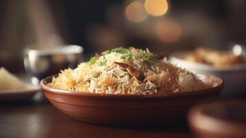 avvicinamento Visualizza di desi riso biryani, generativo ai foto