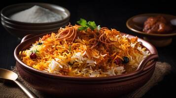 biryani nel ciotola, desi indiano cibo biryani riso nel ciotola, generativo ai foto