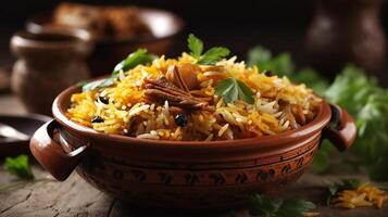 biryani nel ciotola, desi indiano cibo biryani riso nel ciotola, generativo ai foto