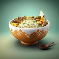 biryani riso nel ciotola, desi cibo indiano biryani nel ciotola, generativo ai foto