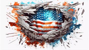 americano bandiera che esplode su bianca, nel il stile di graffiti stile, Piccione nucleo, Cracked generativo ai foto