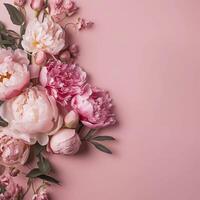 peonie, Rose su rosa sfondo con copia spazio. astratto naturale floreale telaio disposizione con testo spazio. romantico femminile composizione. nozze invito generativo ai foto