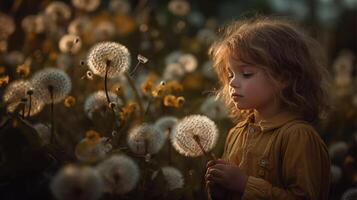 bambini giocare a. bambino nel dente di leone campo. estate fiore. incredibile avventure ai generativo foto