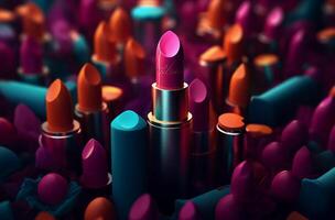 cosmetici impostato bellezza prodotti, rossetto, kahlo bellezza, mascara e trucco arte generativo ai foto