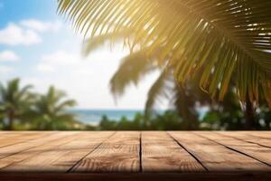 di legno tavolo con estate tropicale mare e blu cielo con nuvole sfondo, generativo ai foto