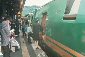 yufuin, oita, kyushu, giappone - ottobre 14, 2018 yufuin no mori treno, limitato esprimere treno, itinerario fra hakata stazione per yufuin stazione foto