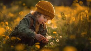 bambini giocare a. bambino nel dente di leone campo. estate fiore. incredibile avventure ai generativo foto