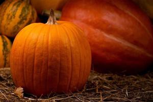 grande arancia fresca di zucca sul fieno foto