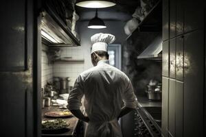 ai generato capocuoco preparazione cibo nel il cucina di un' ristorante. foto